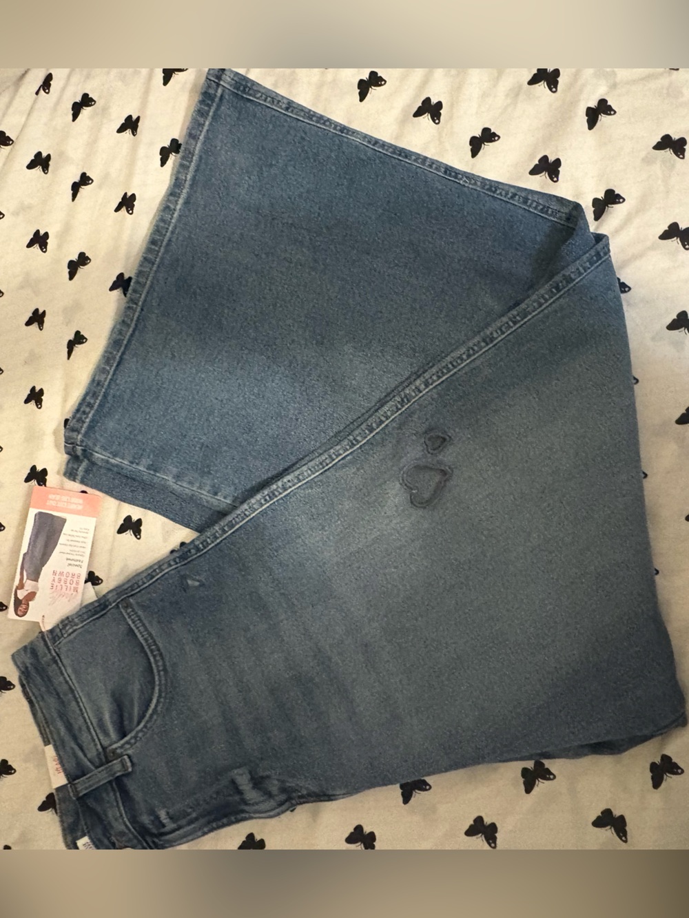 High-Rise Blue Wide-Leg Jeans with Heart Stitch Accent
